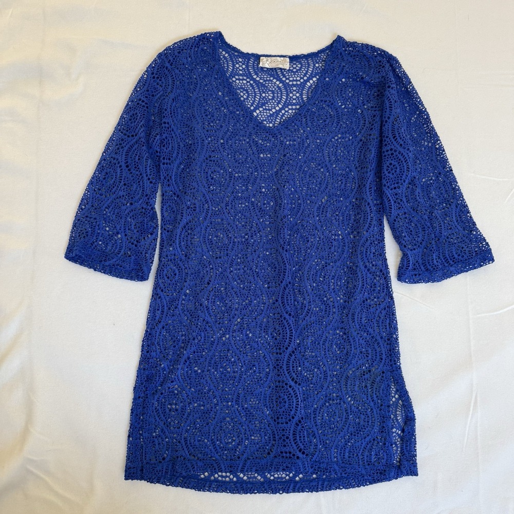 J Valdi Woman's Swim Coverup Dress Long Sleeve M Blue Crochet Vacation Beach